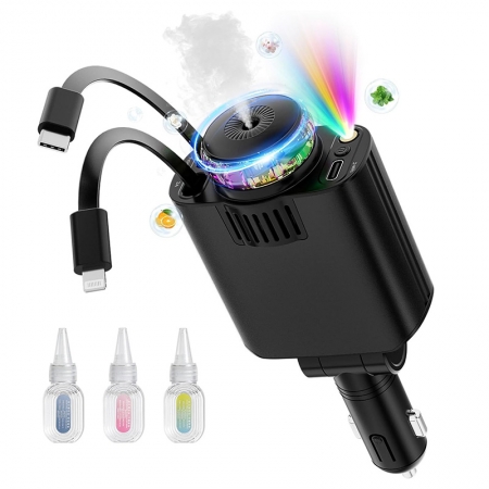 3 in 1 Starlight Retractable Car Fast Charger with 2 Retractable Cables & Air Freshener for Mobile Phone