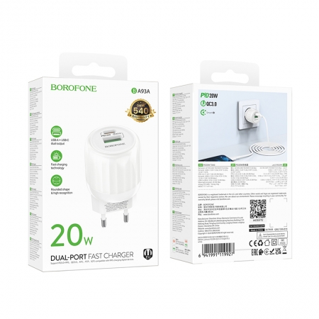 BOROFONE BA93A 20W Lustrous Type-C+USB Charger Eu plug White - Image 2